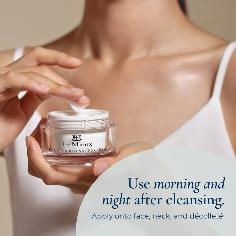 Model holding Le Mieux Bio Cell Rejuvenating Cream, illustrating radiant, hydrated skin after application.