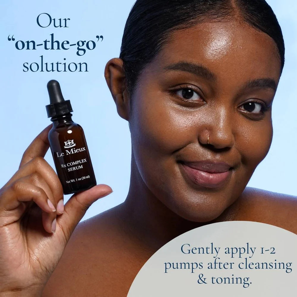 Model applying Le Mieux Rx Complex Serum, demonstrating radiant, firm, youthful-looking skin.