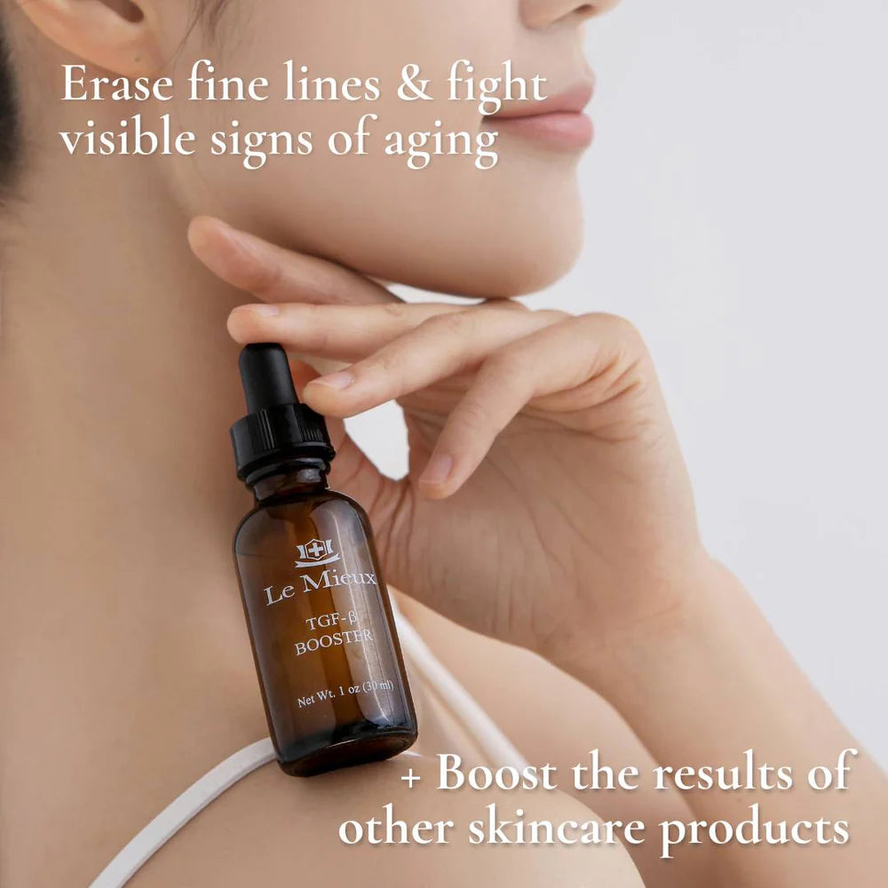Applying Le Mieux TGF-B Booster serum to erase fine lines and visibly lift signs of aging.